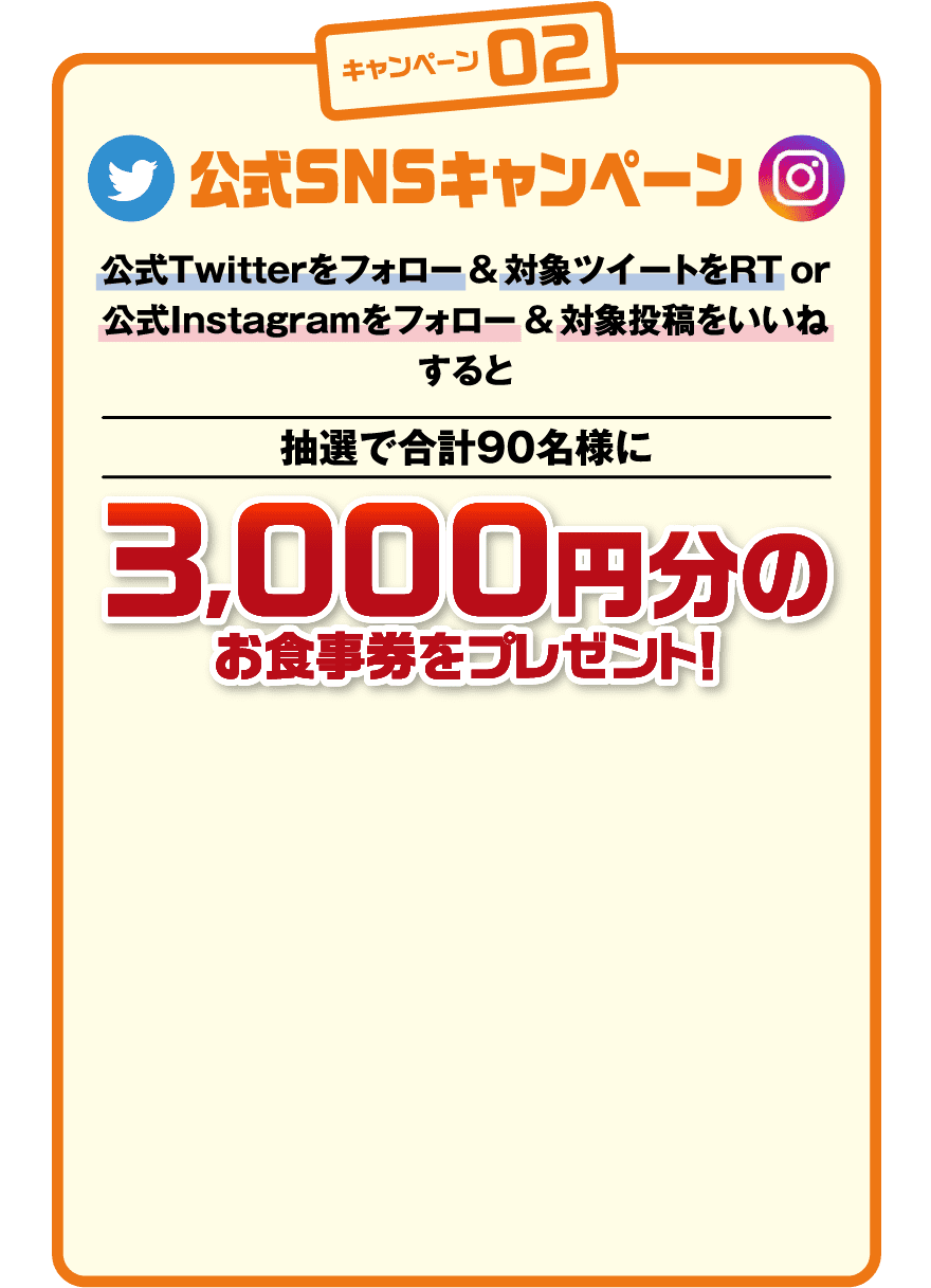 キャンペーン02：公式SNSキャンペーン 公式Twitterをフォロー＆対象ツイートをRT or 公式Instagramをフォロー＆対象投稿をいいねすると抽選で合計90名様に3,000円分のお食事券をプレゼント！