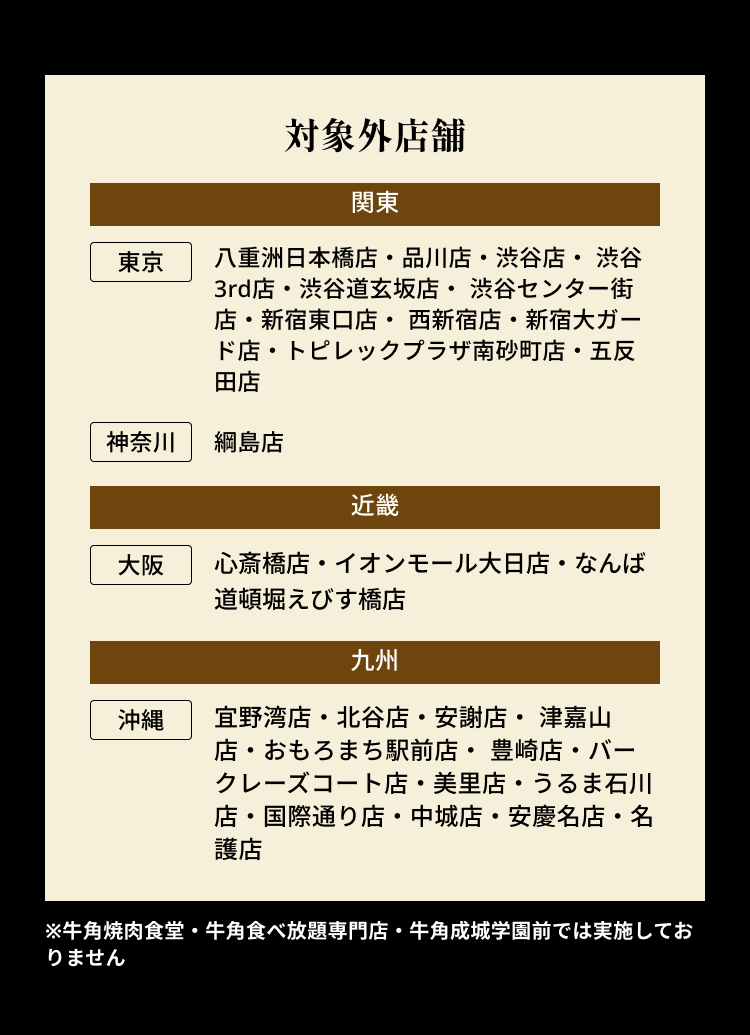 【対象外店舗】【関東】東京：八重洲日本橋店・品川店・渋谷店・渋谷 3rd店・渋谷道玄坂店・渋谷センター街店・新宿東口店・西新宿店・新宿大ガード店・トピレックプラザ南砂町店・五反田店 神奈川：綱島店【近畿】大阪：心斎橋店・イオンモール大日店・なんば道頓堀えびす橋店【九州】沖縄：宜野湾店・北谷店・安謝店・津嘉山店・おもろまち駅前店・豊崎店・バークレーズコート店・美里店・うるま石川店・国際通り店・中城店・安慶名店・名護店 ※牛角焼肉食堂・牛角食べ放題専門店・牛角成城学園前では実施しておりません