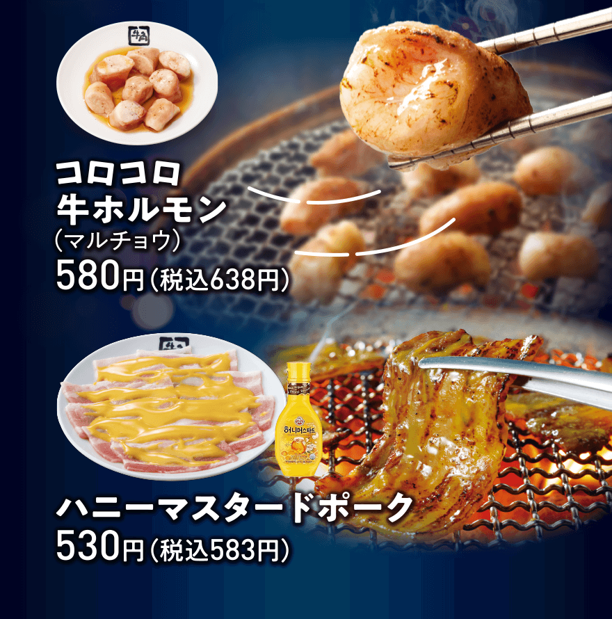 コロコロ牛ホルモン(マルチョウ) 580円(税込638円)、ハニーマスタードポーク 530円(税込583円)