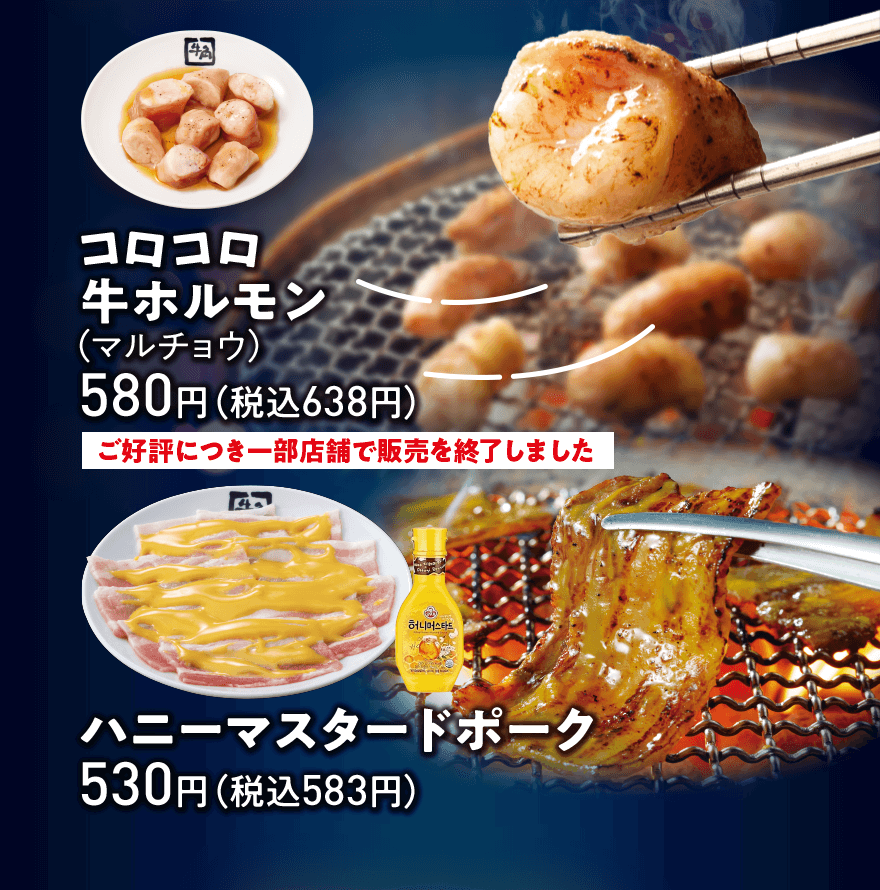 コロコロ牛ホルモン(マルチョウ) 580円(税込638円)【ご好評につき一部店舗で販売を終了しました】、ハニーマスタードポーク 530円(税込583円)