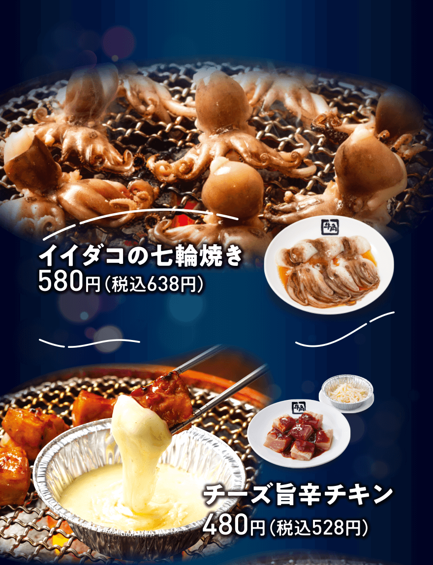 イイダコの七輪焼き 580円(税込638円)、チーズ旨辛チキン 480円(税込528円)