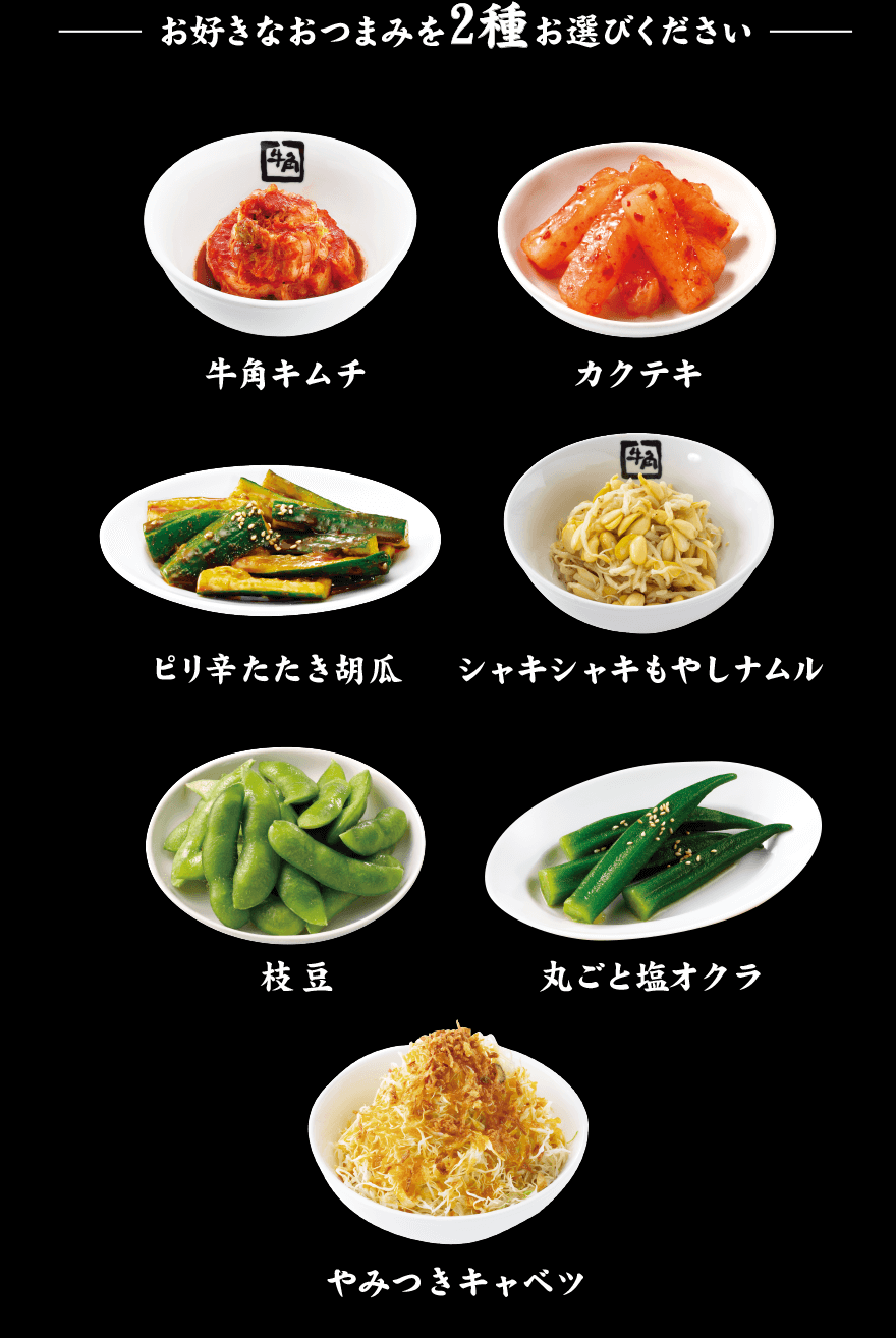 お好きなおつまみを2種お選びください 牛角キムチ カクテキ ピリ辛たたき胡瓜 シャキシャキもやしナムル 枝豆 丸ごと塩オクラ やみつきキャベツ