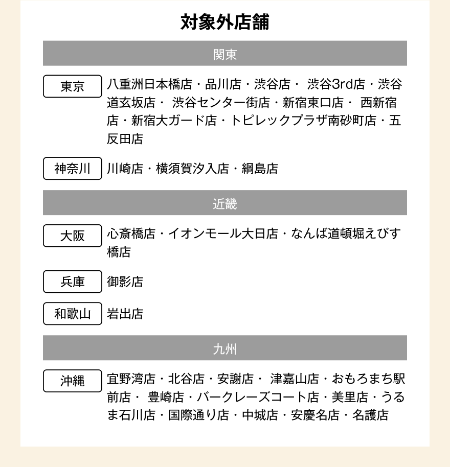 【対象外店舗】【関東】東京：八重洲日本橋店・品川店・渋谷店・渋谷3rd店・渋谷道玄坂店・渋谷センター街店・新宿東口店・西新宿店・新宿大ガード店・トビレックプラザ南砂町店・五反田店 神奈川：川崎店・横須賀汐入店・綱島店【近畿】大阪：心斎橋店・イオンモール大日店・なんば道頓堀えびす橋店 兵庫：御影店 和歌山：岩出店【九州】沖縄：宜野湾店・北谷店・安謝店・津嘉山店・おもろまち駅前店・豊崎店・バークレーズコート店・美里店・うるま石川店・国際通り店・中城店・安慶名店・名護店