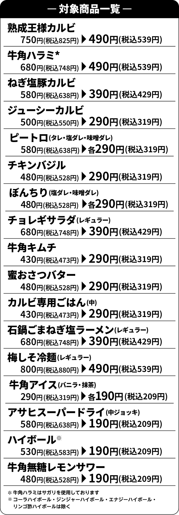 -対象商品一覧- 熟成王様カルビ 750円(税込825円)→490円(税込539円) 牛角ハラミ* 680円(税込748円)→490円(税込539円) ねぎ塩豚カルビ 580円(税込638円)→390円(税込429円) ジューシーカルビ 500円(税込550円)→290円(税込319円) ピートロ(タレ・塩ダレ・味噌ダレ) 580円(税込638円)→各290円(税込319円) チキンバジル 480円(税込528円)→290円(税込319円) ぼんちり(塩ダレ・味噌ダレ) 480円(税込528円)→各290円(税込319円) チョレギサラダ(レギュラー) 680円(税込748円)→390円(税込429円) 牛角キムチ 430円(税込473円)→290円(税込319円) 蜜おさつバター 480円(税込528円)→290円(税込319円) カルビ専用ごはん(中) 430円(税込473円)→290円(税込319円) 石鍋ごまねぎ塩ラーメン(レギュラー) 680円(税込748円)→390円(税込429円) 梅しそ冷麺(レギュラー) 800円(税込880円)→490円(税込539円) 牛角アイス(バニラ・抹茶) 290円(税込319円)→各190円(税込209円) アサヒスーパードライ(中ジョッキ) 580円(税込638円)→190円(税込209円) ハイボール※ 530円(税込583円)→190円(税込209円) 牛角無糖レモンサワー 480円(税込528円)→190円(税込209円) *牛角ハラミはサガリを使用しております ※コーラハイボール・ジンジャーハイボール・エナジーハイボール・リンゴ酢ハイボールは除く