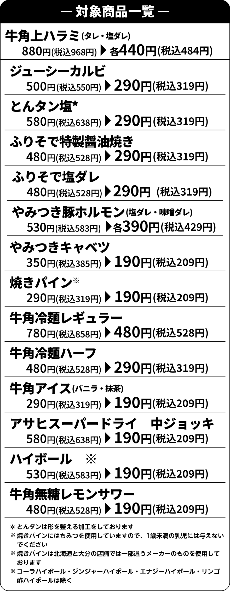 -対象商品一覧- 牛角上ハラミ（タレ・塩ダレ） 880円(税込968円)→各440円(税込484円) ジューシーカルビ 500円(税込550円)→290円(税込319円)  とんタン塩* 580円(税込638円)→290円(税込319円) ふりそで特製醤油焼き 480円(税込528円)→290円(税込319円) ふりそで塩ダレ 480円(税込528円)→290円(税込319円) やみつき豚ホルモン（塩ダレ・味噌ダレ） 530円(税込583円)→各390円(税込429円) やみつきキャベツ 350円(税込385円)→190円(税込209円) 焼きパイン※ 290円(税込319円)→190円(税込209円) 牛角冷麺レギュラー 780円(税込858円)→480円(税込528円) 牛角冷麺ハーフ 480円(税込528円)→290円(税込319円) 牛角アイス（バニラ・抹茶） 290円(税込319円)→190円(税込209円) アサヒスーパードライ 中ジョッキ 580円(税込638円)→190円(税込209円) ハイボール※ 530円(税込583円)→190円(税込209円) 牛角無糖レモンサワー 480円(税込528円)→190円(税込209円) *とんタンは形を整える加工をしております ※焼きパインにはちみつを使用していますので、1歳未満の乳児には与えないでください ※焼きパインは北海道と大分の店舗では一部違うメーカーのものを使用しております ※コーラハイボール・ジンジャーハイボール・エナジーハイボール・リンゴ酢ハイボールは除く