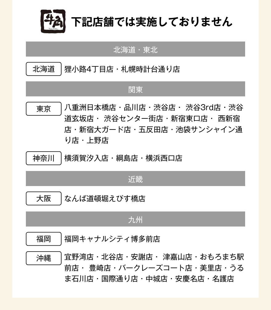 下記店舗では実施しておりません 【北海道・東北】北海道/狸小路4丁目店・札幌時計台通り店 【関東】東京/八重洲日本橋店・品川店・渋谷店・渋谷3rd店・渋谷道玄坂店・渋谷センター街店・新宿東口店・西新宿店・新宿大ガード店・五反田店・池袋サンシャイン通り店・上野店 神奈川/横須賀汐入店・綱島店・横浜西口店 【近畿】大阪/なんば道頓堀えびす橋店 【九州】福岡/福岡キャナルシティ博多前店 沖縄/宜野湾店・北谷店・安謝店・津嘉山店・おもろまち駅前店・豊崎店・バークレーズコート店・美里店・うるま石川店・国際通り店・中城店・安慶名店・名護店