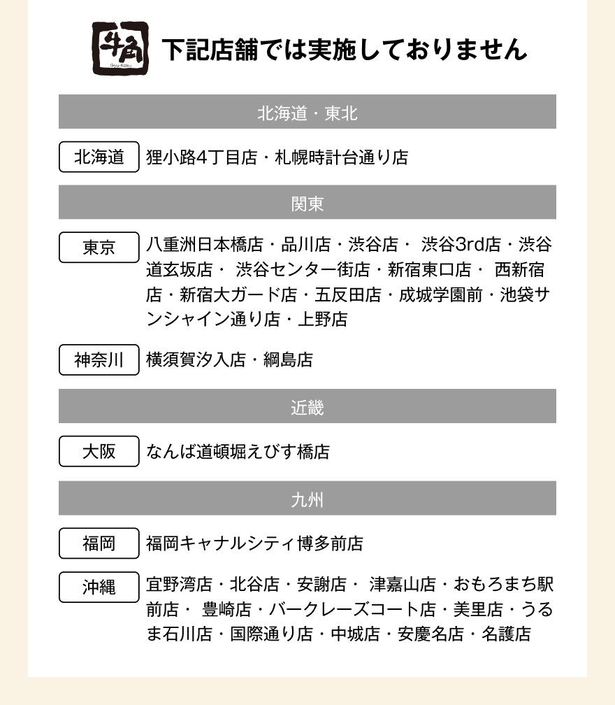 下記店舗では実施しておりません【北海道・東北】北海道：狸小路4丁目店・札幌時計台通り店【関東】東京：八重洲日本橋店・品川店・渋谷店・渋谷3rd店・渋谷道玄坂店・渋谷センター街店・新宿東口店・西新宿店・新宿大ガード店・五反田店・成城学園前・池袋サンシャイン通り店・上野店 神奈川：横須賀汐入店・綱島店【近畿】大阪：なんば道頓堀えびす橋店【九州】福岡：福岡キャナルシティ博多前店 沖縄：宜野湾店・北谷店・安謝店・津嘉山店・おもろまち駅前店・豊崎店・バークレーズコート店・美里店・うるま石川店・国際通り店・中城店・安慶名店・名護店