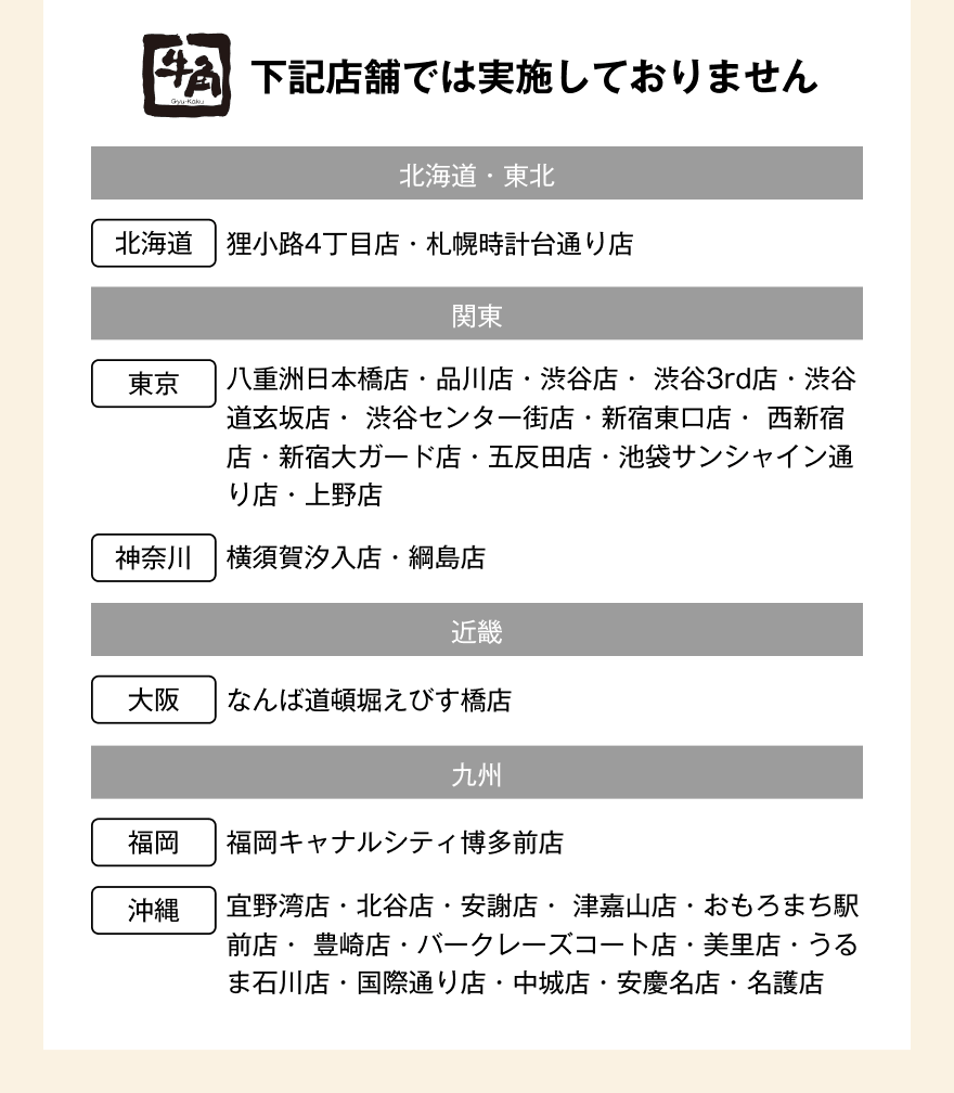 下記店舗では実施しておりません【北海道・東北】北海道：狸小路4丁目店・札幌時計台通り店【関東】東京：八重洲日本橋店・品川店・渋谷店・渋谷3rd店・渋谷道玄坂店・渋谷センター街店・新宿東口店・西新宿店・新宿大ガード店・五反田店・池袋サンシャイン通り店・上野店 神奈川：横須賀汐入店・綱島店【近畿】大阪：なんば道頓堀えびす橋店【九州】福岡：福岡キャナルシティ博多前店 沖縄：宜野湾店・北谷店・安謝店・津嘉山店・おもろまち駅前店・豊崎店・バークレーズコート店・美里店・うるま石川店・国際通り店・中城店・安慶名店・名護店