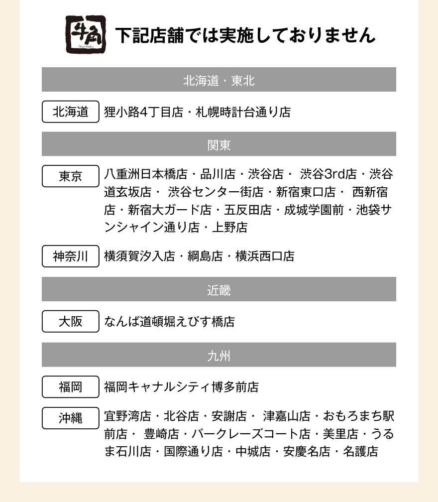 下記店舗では実施しておりません【北海道・東北】北海道：狸小路4丁目店・札幌時計台通り店【関東】東京：八重洲日本橋店・品川店・渋谷店・渋谷3rd店・渋谷道玄坂店・渋谷センター街店・新宿東口店・西新宿店・新宿大ガード店・五反田店・池袋サンシャイン通り店・上野店 神奈川：横須賀汐入店・綱島店・横浜西口店【近畿】大阪：なんば道頓堀えびす橋店【九州】福岡：福岡キャナルシティ博多前店 沖縄：宜野湾店・北谷店・安謝店・津嘉山店・おもろまち駅前店・豊崎店・バークレーズコート店・美里店・うるま石川店・国際通り店・中城店・安慶名店・名護店
